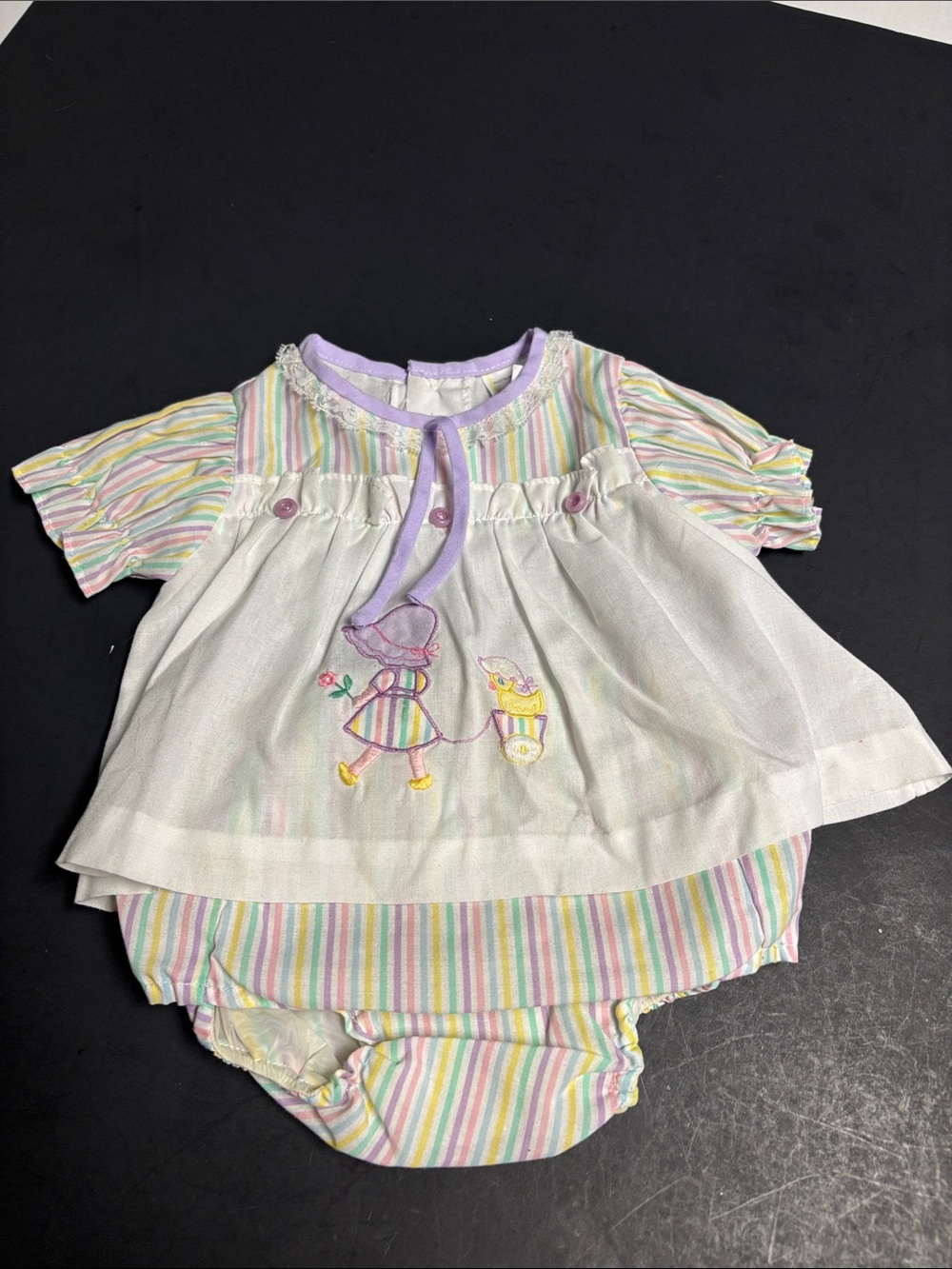 VINTAGE Baby Girl Pastel Striped Dress & Bloomer Set - White and Pastel Colors